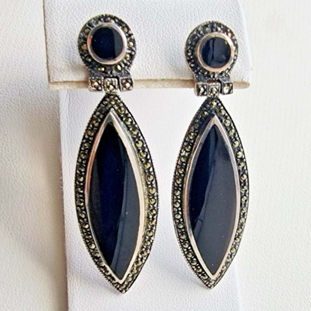 Vintage Thai 925 Sterling Silver Black Onyx And Marcasite Dangle Earrings 19.2 G
